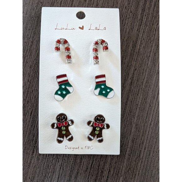 3-Pair Christmas Holiday Stud Earrings Set Candy Cane, Gingerbread Man Christmas - Picture 1 of 2